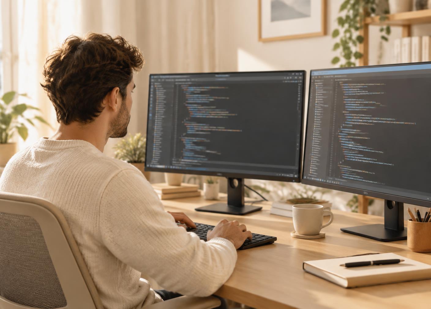 Developer writing code on two monitors in a bright workspace