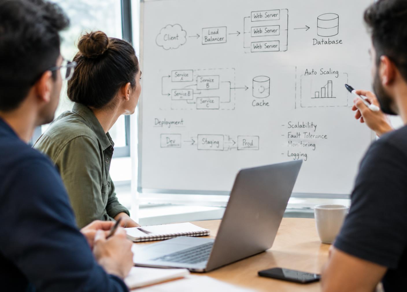 Engineers reviewing an architecture diagram on a whiteboard